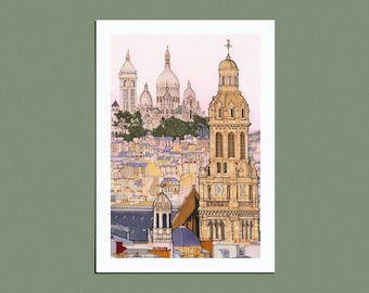 Paris Art: Sainte Trinite and Sacre Coeur at Dawn - Giclee Print on premium Fine Art Paper