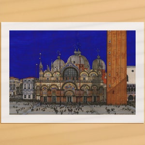 Puede incluir: Una impresi&oacute;n de la bas&iacute;lica de San Marcos en Venecia, Italia, con un cielo azul profundo. La obra de arte representa las c&uacute;pulas de la catedral, su intrincada fachada y un alto campanario. La imagen incluye una multitud de personas en la plaza.