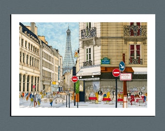 Paris Print: Bar Brasserie with the Eiffel Tower - Premium Art Print on thick Paper