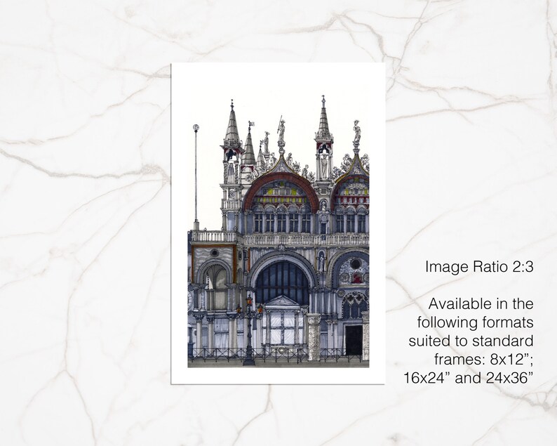 May include: A detailed black and white illustration of a large, ornate building with multiple towers and arches. The building is drawn in a realistic style with intricate details. The image is captioned "Image Ratio 2:3 Available in the following formats suited to standard frames: 8x12", 16x24" and 24x36"