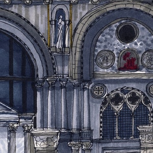 May include: A detailed ink drawing of a stone building with arched windows and intricate details. The building has a gray and white color scheme with hints of gold. The drawing is done in a realistic style and captures the architectural details of the building.