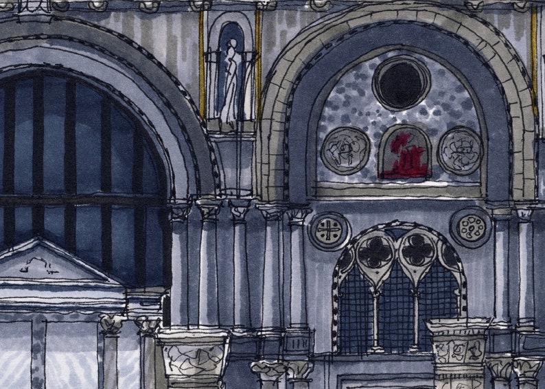 May include: A detailed ink drawing of a stone building with arched windows and intricate details. The building has a gray and white color scheme with hints of gold. The drawing is done in a realistic style and captures the architectural details of the building.