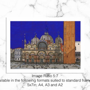 Puede incluir: Una impresi&oacute;n detallada de la bas&iacute;lica de San Marcos en Venecia, Italia, con un cielo azul profundo de fondo. La obra presenta las c&uacute;pulas de la bas&iacute;lica, una arquitectura intrincada y un alto campanario. Disponible en formatos 5x7in, A4, A3 y A2.