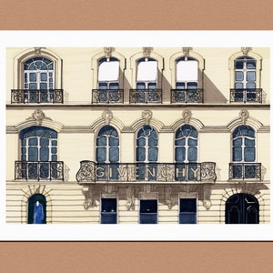 May include: A watercolor painting of a building with a sign that reads "GIVENCHY". The building has a cream-colored facade with black windows and balconies. There is a person in a blue dress standing in the doorway.