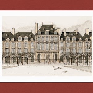 Paris Place des Vosges Wall Art Print | Sepia Illustration | French Wall Art | Giclee Art | Hanging Wall Art | Architectural Art Print