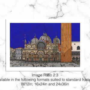 Puede incluir: Una impresi&oacute;n de la bas&iacute;lica de San Marcos en Venecia, Italia, bajo un cielo azul profundo. La obra de arte presenta detalles arquitect&oacute;nicos y una multitud animada. La relaci&oacute;n de aspecto es 2:3 y est&aacute; disponible en formatos de 20x30cm, 40x60cm y 60x90cm.