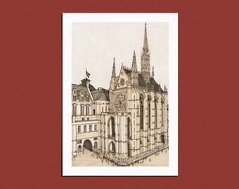 Puede incluir: Una ilustración en blanco y negro de una gran iglesia adornada con una alta aguja. La iglesia tiene muchas ventanas y arcos, y hay gente caminando frente a ella.