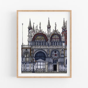 May include: A detailed black and white illustration of a large, ornate building with multiple towers and arches. The building has a gray and blue color scheme with red accents.