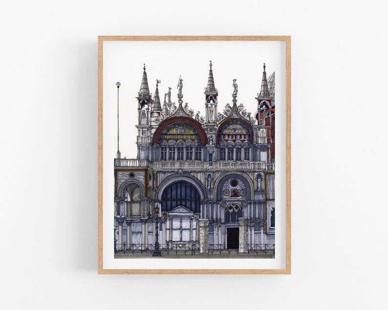 May include: A detailed black and white illustration of a large, ornate building with multiple towers and arches. The building has a gray and blue color scheme with red accents.