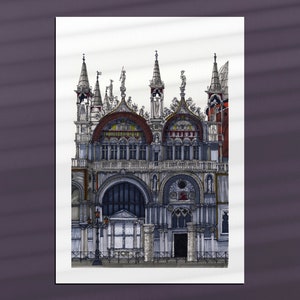 May include: A detailed black and white illustration of a large, ornate building with multiple towers and arches. The building has a gray stone exterior with red accents and intricate details.