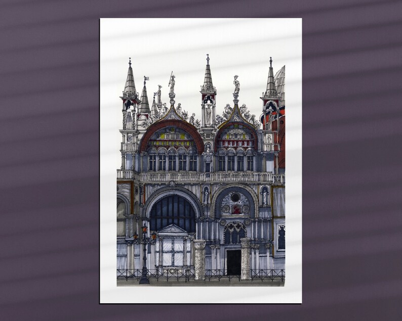 May include: A detailed black and white illustration of a large, ornate building with multiple towers and arches. The building has a gray stone exterior with red accents and intricate details.