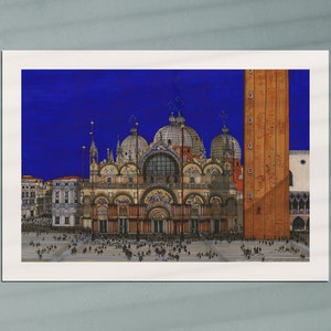 Puede incluir: Una impresi&oacute;n enmarcada que presenta una ilustraci&oacute;n detallada de la Bas&iacute;lica de San Marcos en Venecia, Italia, con sus c&uacute;pulas y fachada ornamentadas. La obra de arte incluye un alto campanario y un cielo azul vibrante, capturando la belleza arquitect&oacute;nica.