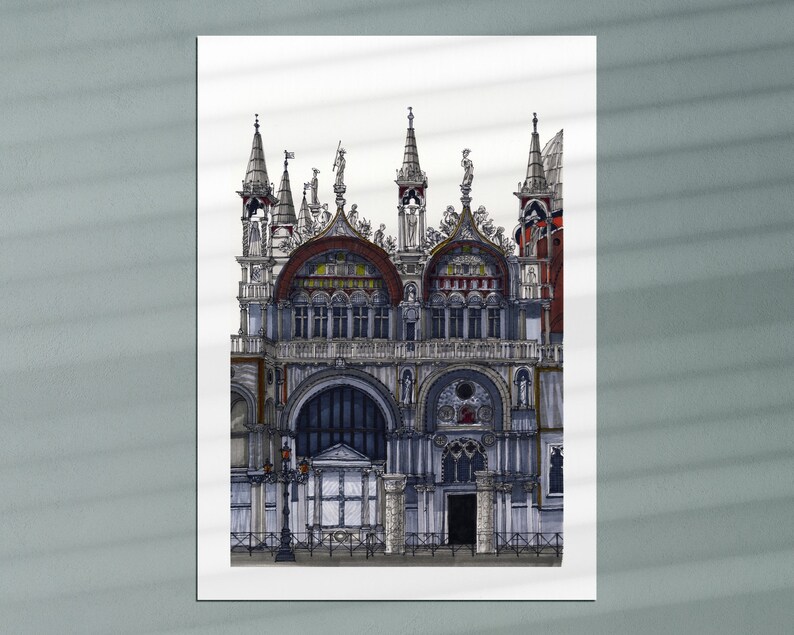 May include: A detailed black and white illustration of a large, ornate building with multiple towers and arches. The building has a gray stone facade with intricate details and a red roof.