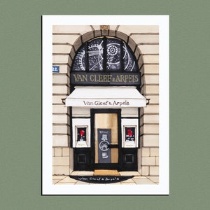 Paris: Van Cleef & Arpels, Twenty-two Place Vendome | Beautiful illustration of the famous Storefront in Paris, France