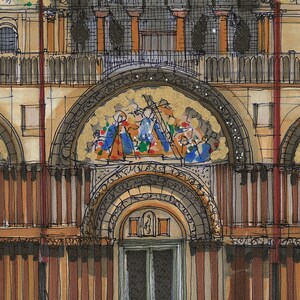 Puede incluir: Una detallada pintura a la acuarela de una fachada de edificio. La obra presenta puertas y ventanas arqueadas, con mosaicos en oro, azul y rojo. El edificio tiene columnas y un balc&oacute;n, con una mezcla de tonos marrones, dorados y blancos.
