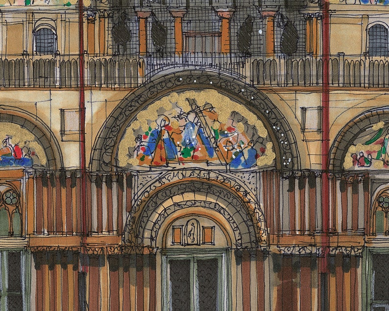 Puede incluir: Una detallada pintura a la acuarela de una fachada de edificio. La obra presenta puertas y ventanas arqueadas, con mosaicos en oro, azul y rojo. El edificio tiene columnas y un balc&oacute;n, con una mezcla de tonos marrones, dorados y blancos.
