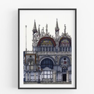 May include: A black and white illustration of a detailed architectural building with multiple towers and arches. The building is drawn in a realistic style with intricate details.