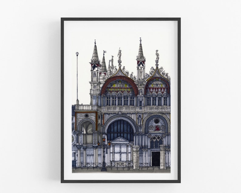 May include: A black and white illustration of a detailed architectural building with multiple towers and arches. The building is drawn in a realistic style with intricate details.