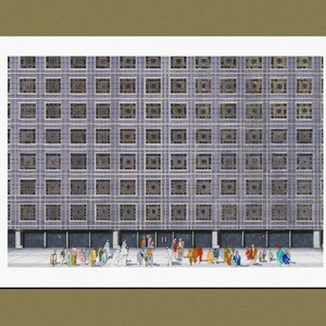 May include: A watercolor painting of a building with a geometric pattern of windows. The building is light gray with black accents. There are people in front of the building, some wearing hats and others carrying bags.