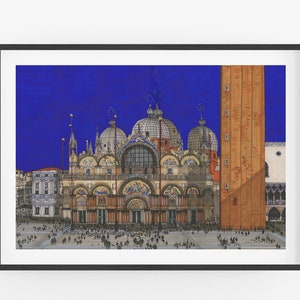 Puede incluir: Impresi&oacute;n art&iacute;stica enmarcada de la bas&iacute;lica de San Marcos en Venecia, Italia, con representaciones arquitect&oacute;nicas detalladas. La obra muestra las c&uacute;pulas, la fachada y el campanario de la bas&iacute;lica contra un cielo azul profundo, con una multitud de personas en primer plano.