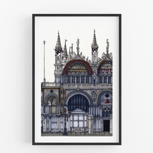 May include: A black and white illustration of a detailed architectural facade with multiple towers and arches. The building is rendered in shades of blue, gray, and red.