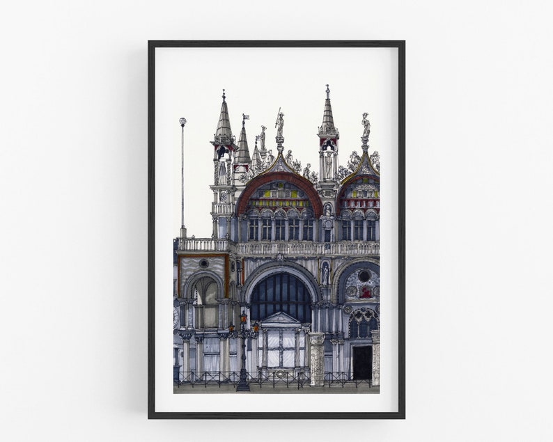 May include: A black and white illustration of a detailed architectural facade with multiple towers and arches. The building is rendered in shades of blue, gray, and red.