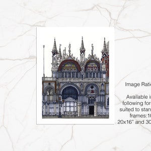 May include: A detailed black and white illustration of a large, ornate building with multiple towers and arches. The building has a red and gold colored roof and is set against a white background. The image is labeled "Image Ratio 4:5" and lists standard frame sizes: 10x8", 20x16", and 30x24".