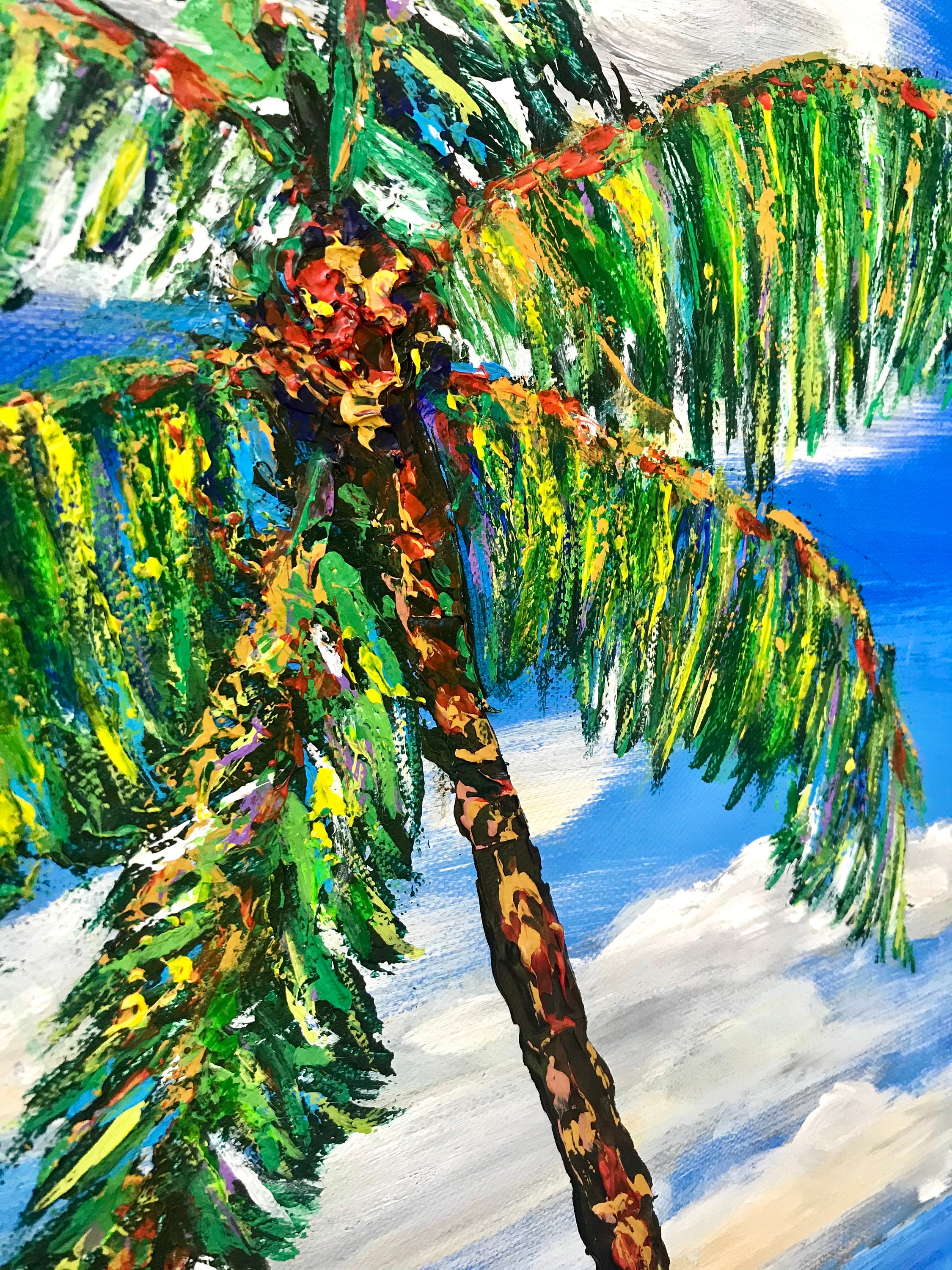 Textured Palm Tree Beach Painting - Tropical Ocean Art (24 X 20 Inch ...