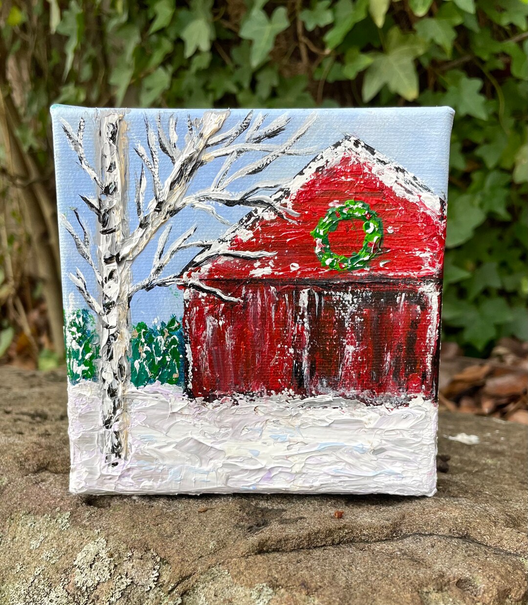 Hand-painted Red Barn Winter Landscape 5 X 5 Canvas Shelf - Etsy