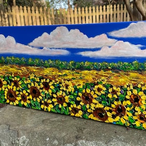 Sunflower Field Painting 10x20 - Vibrant Landscape Art - Thick Texture Acrylic on Canvas - Summer Wildflowers Wall Art - Original Art