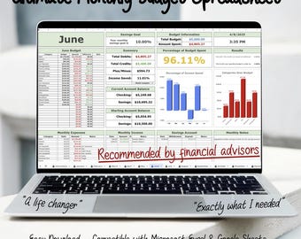 May include: A laptop computer displaying a spreadsheet titled "Ultimate Monthly Budget Spreadsheet" with the month of June highlighted. The spreadsheet includes sections for budget information, monthly expenses, monthly income, savings account, and monthly notes. The spreadsheet is recommended by financial advisors and is compatible with Microsoft Excel and Google Sheets. The text "A life changer" and "Exactly what I needed" are displayed at the bottom of the image.