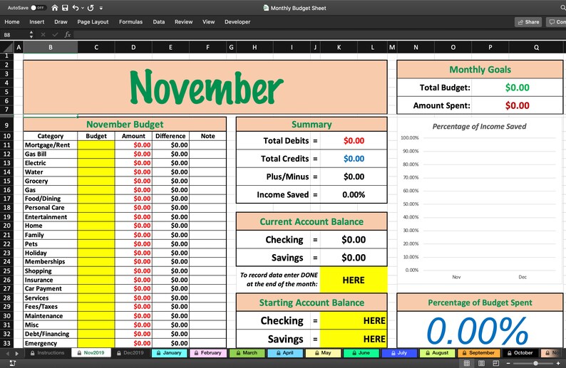 Monthly Budget Sheet excel Template Dark Mode Etsy