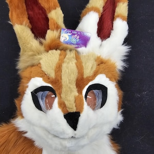 May include: A close-up of a furry, orange, tan, and white fursuit head. The ears are striped with tan and orange, and the inner ears are red. The eyes are large and have a reflective quality. A small sticker on the ear reads "ARI AND A TE... SUITS".