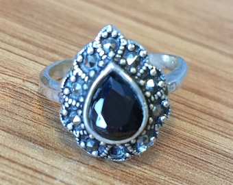 Black Onyx Ring, Black Stone Women Ring, Marcasite and Onyx Ring, Marcasite Stone Ring, Women Gift Ring,Sterling Silver Ring,Engagement Ring