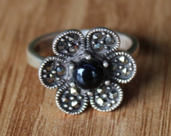 Natural Black Jet Stone Flower Ring, Marcasite Stone Flower Ring, Sterling Silver Vintage Ring, Big Flower Ring, 925k Victorian Style Ring