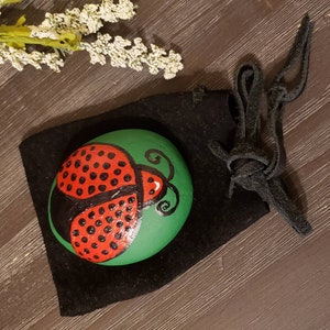 Ladybug Painted Rock Satchel Black Leather Pouch Bag Fanny Necklace Good Luck Keepsake Hand painted.