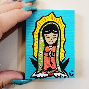 Guadalupe Shrine Decor Mini Wall Hanging Southwest Original Acrylic Hand Painted Our Lady Guadalupe W/Stand Catholic Retablo READY TO SHIP!