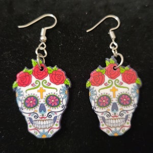 Sugar Skull Earrings Dia De Los Muertos Day Of The Dead Colorful Red Roses Dangle Drop Earrings. Lightweight. READY TO SHIP!