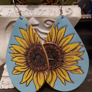 Sunflower Leather Earrings Teardrop Suade Dangle Drop Earrings. 3 Colors Available READY TO SHIP!