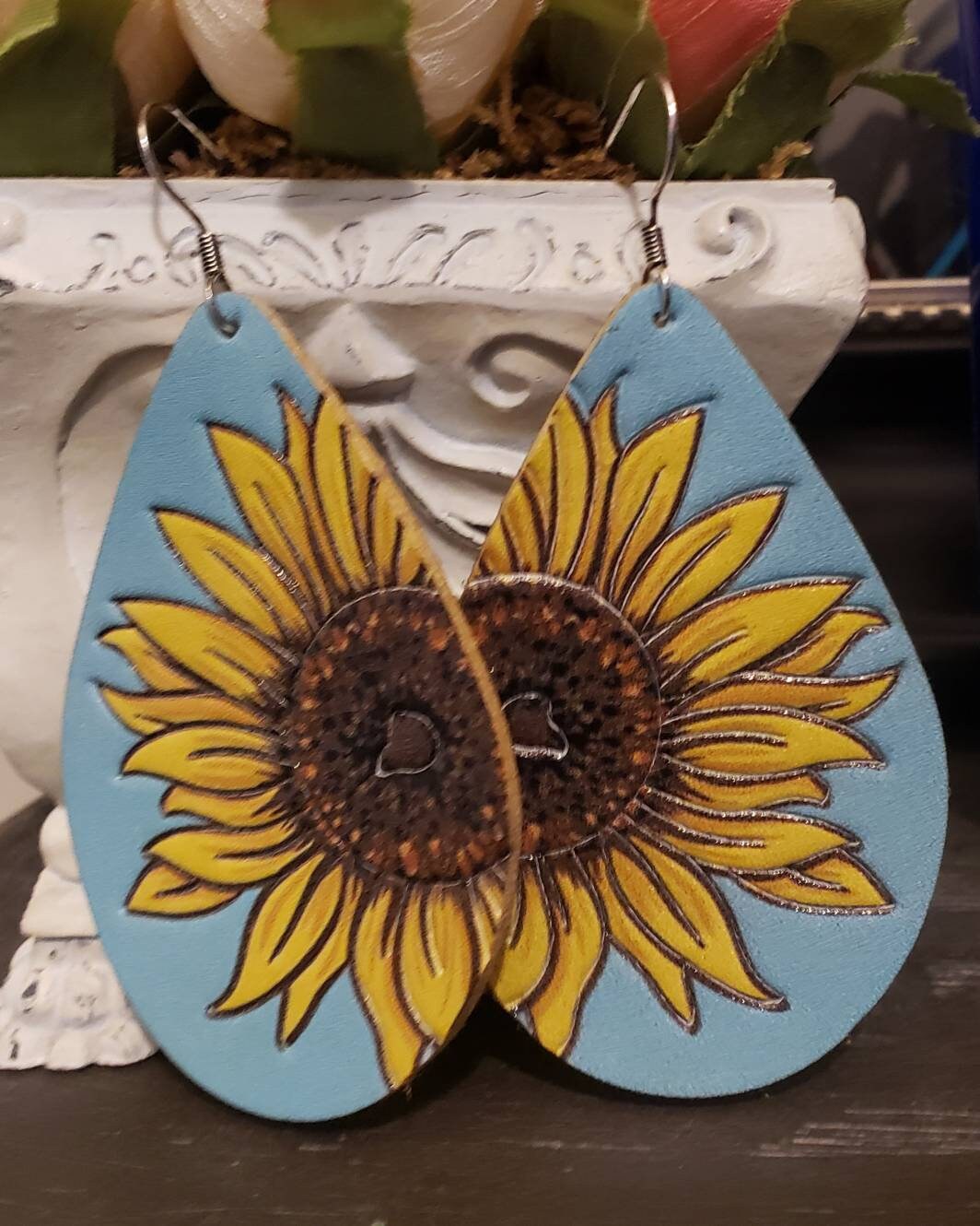 Sunflower Leather Earrings Teardrop Suade Dangle Drop  display picture 1