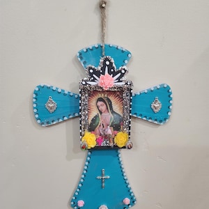 Guadalupe Cross Altar Shrine Memorial Sacred Heart Catholic Dia De Los Muertos Day Of The Dead Wall Hanging Wooden Cross Art. Ready To Ship!