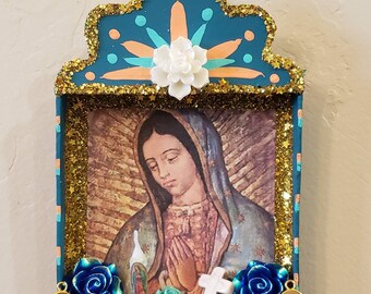 Guadalupe Nicho Shrine Dia De Los Muertos Retablo Day of The Dead Folk Art Altar. Wall Decor Shrine or Tree Ornament. READY TO SHIP!