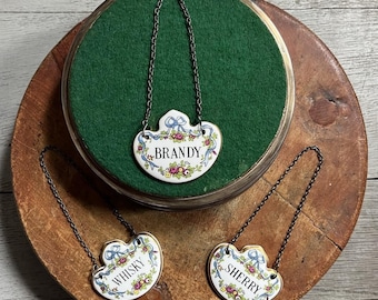 3 etichette vintage per decanter in porcellana Crown Staffordshire per brandy, sherry e whisky