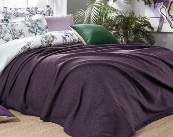 Natural Linen Cotton Bedspread & Quilt, Woven Throw Blanket, Purple Bedspread, 95x105 inches