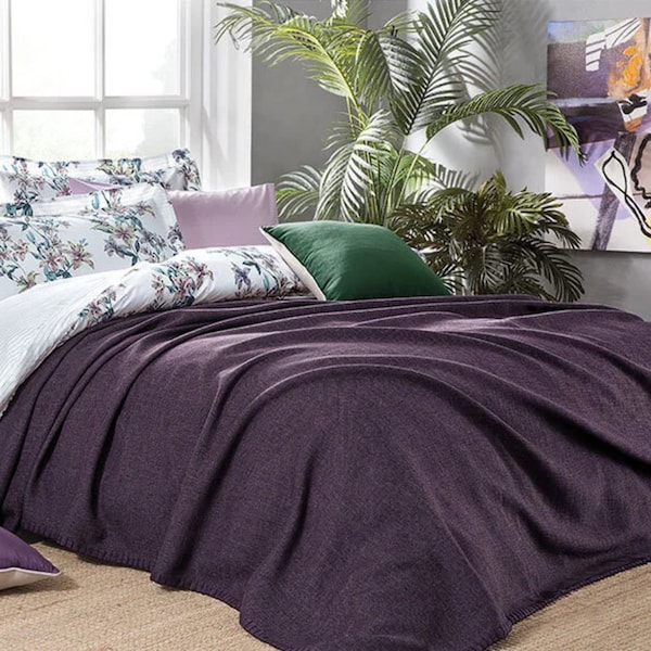 Natural Linen Cotton Bedspread & Quilt, Woven Throw Blanket, Purple Bedspread, 95x105 inches