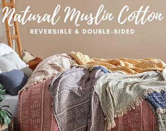 Natural Muslin Cotton Reversible Design Blanket Throw, Boho Woven Bedspread, Sofa Couch Throw
