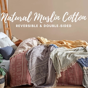 Natural Muslin Cotton Reversible Design Blanket Throw, Boho Woven Bedspread, Sofa Couch Throw