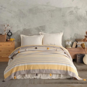 Cotton Woven Bedspread & Quilt with Tassels, Boho Throw Blanket, Queen Size Cozy Blanket, Woven Turkish Blanket
