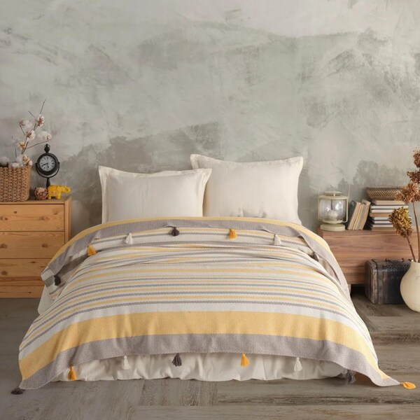 Cotton Woven Bedspread & Quilt with Tassels, Boho Throw Blanket, Queen Size Cozy Blanket, Woven Turkish Blanket