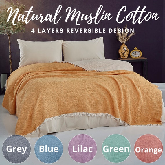 Natural Muslin Cotton Bedspread Reversible Design Blanket Etsy